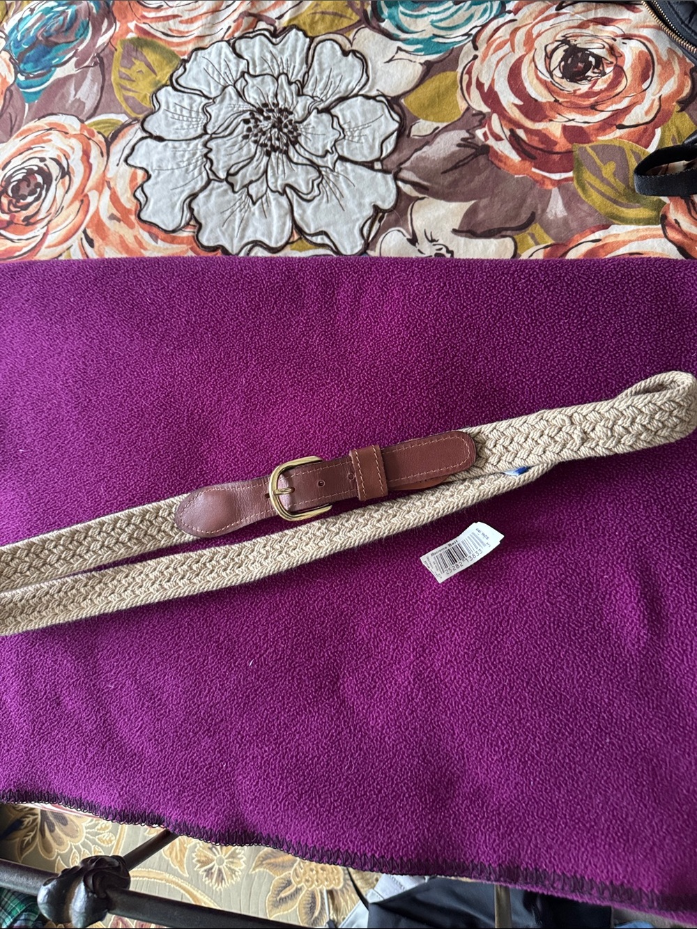 Braided Beige Woven Belt with Brown Leather Trim